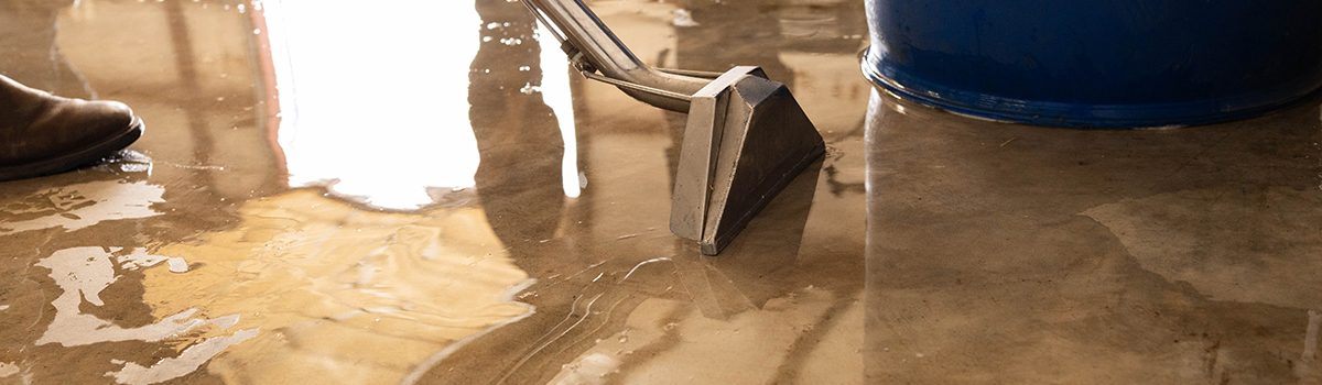Water mitigation technician extracting standing water from a concrete floor during a water damage restoration job